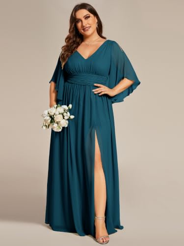 Image of Ever-Pretty Plus Women's Plus Size V Neck Half Sleeves Slit A Line Floor Length Bridesmaid Dress 01886-DA