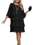 Vestido de gasa con volantes escalonados para mujer, manga 3/4, elegante vestido de cóctel fluido, cuello redondo, volantes y capas, Negro, 3XL