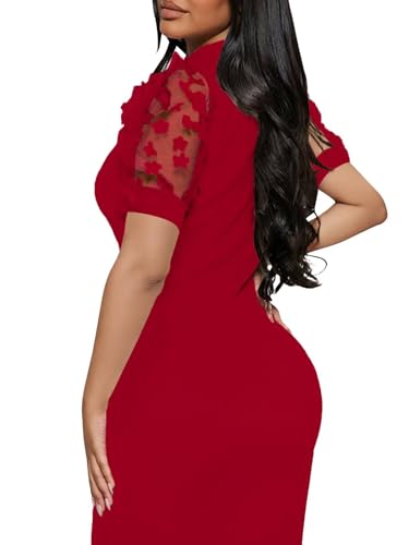 Image of Annystore Women's Mesh See Through Sheer Dress Short Puff Sleeve Bodycon Dress Mock Neck Sexy Club Party Midi Dress Clubwear