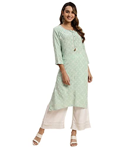 Image of rangita Mint Green Rayon Calf Length Printed Straight Kurti for Women | Kurta for Women