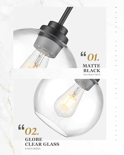 Image of 2 Pack Pendant Lights Kitchen Island, 8 inch Black Pendant Light Fixtures with Globe Clear Glass Shade, Modern Kitchen Island Lighting for Bathroom, AD-22280-2PL-BK
