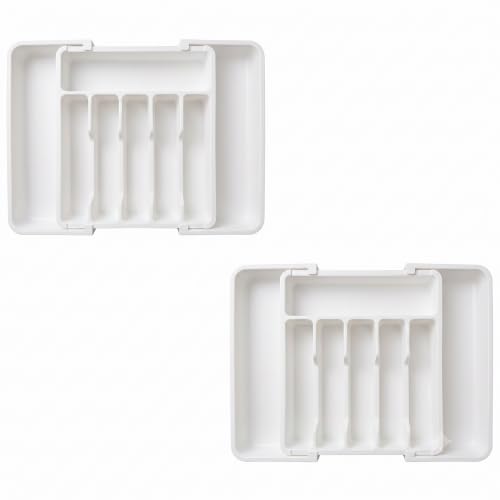 Image of Drawer Organizer Tray /Kitchen Expandable Utensil Tray /Adjustable Utensil Organizer /Cutlery Silverware Flatware Holder /Divider for Spoons Forks Knives Tableware (White, 2 Pcs)