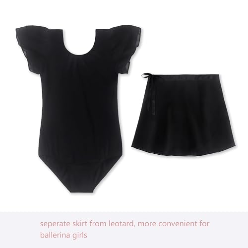 Image of EQSJIU Ballet Leotards for Girls with Removable Skirt Combo Tie Ruffle Sleeve Ballet Dance Dress Outfit 2-12 Years