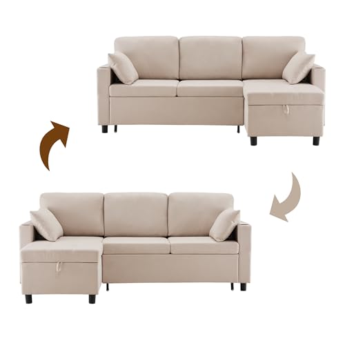 Gelukueub Sofa Bed, L-Shaped Corner Sofa, 3 Seater Pull out Sofa with Storage, Convertible Settee Sectional Sofa for Living Room, Office, Beige - Image 3