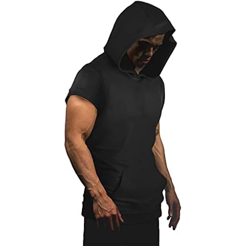 OHOO Mens Slim Fit Short Sleeve Lightweight Hoodie with Kanga Pocket - black - S Cover
