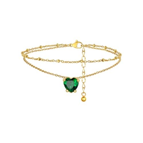 FindChic Bling Heart Birthstone Anklets Layered Beaded Ankle Bracelets for Women Gold/Black/Silver 12 Month Gem Colors Foot Chain Summer Jewelry for Girls, with Gift Box Gold 05. MayCreated