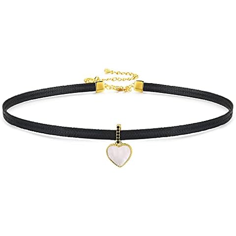 Vonika Exquisite Love Heart Pendant Black Leather Choker Necklace for Women Gold Plated Jewelry, Adjustable Extension Chain Cover