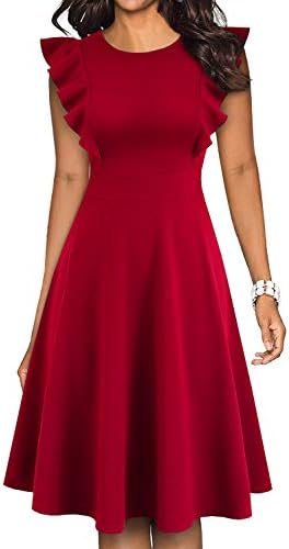 YATHON Women's Vintage Ruffle Floral Flared A Line Swing Casual Cocktail Party Dresses (XL, YT001-Red)