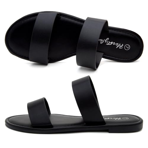 Image of Herstyle Flat Sandals for Women, Double Strap Slide Sandals, Open Toe Slip On, Comfortable Cushioned Footbed Casual Summer Shoes for Daily Wear, Beach, Vacation, Clear Options