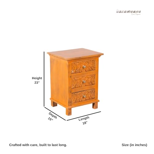 Image of Wooden Bedside Table for Bedroom | Solid Wood Astha Bedside Table with Drawers | Corner Side Table for Living Room | Traditional Handcrafted Furniture for Home Decor (Orange Distress)
