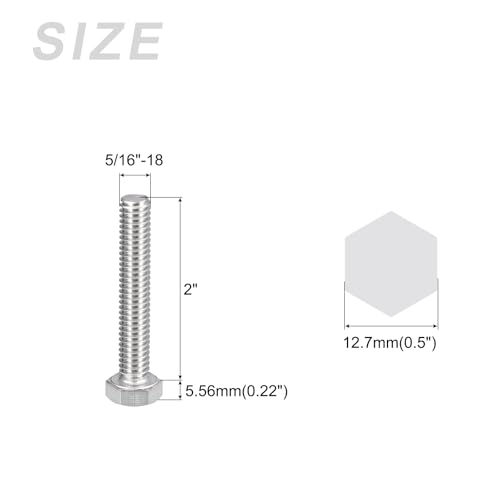 Image of METALLIXITY Hex Head Bolts (5 /16-18 x 2 inch) 5Pcs, 304 Stainless Steel 18-8, Fully Threaded, External Hex Drive, Plain Finish, Hex Head Screw Bolt, Silver