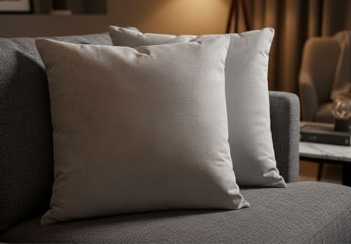 Image of HAMO Velvet Square Cushion Covers with Hidden Zipper 50x50cm Set of 2, Grey – Soft Decorative Throw Pillow Cases for Sofa, Couch, Bedroom & Living Room