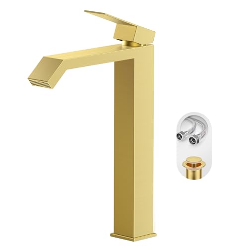 Phiestina Brushed Gold Bathroom Faucet Brass Vessel Sink Faucet Square Single Hole Single Handle Waterfall Above Counter Sink Faucet with Metal Pop Up Drain Without Overflow FH05-BG-V
