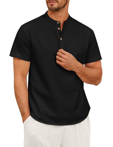 Vijamiy Camiseta Lino Hombre Camisas Manga Corta Verano Casual Camisas Elegante Algodón con Botónes Shirt Regular Fit(Negro,XL)