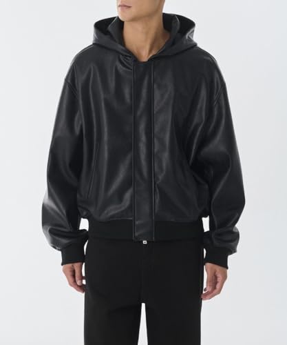 Image of CLWN Men's Black Faux Leather Hoodie Jacket with Zip-Up, Ribbed Cuffs & Hem for Casual Street Style Riding Travel Evening Look