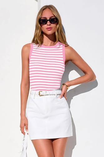 Image of PRETTYGARDEN Summer High Neck Striped Tank Tops for Women Casual Sleeveless Sweaters Basic Ribbed Knit Slim Fitted Shirts