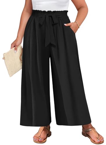 TAOHUADAO Wide Leg Maxi Pants for Women High Waisted Plus Size Palazzo Pants Casual Flowy Trousers with Pockets