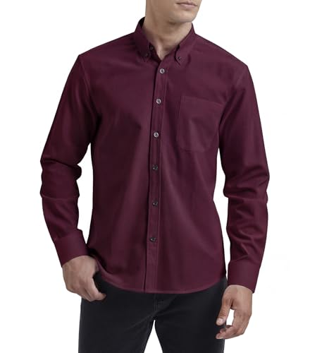 HISDERN Camisa Oxford Hombre Burdeos Manga Larga Camisas Hombre Casual Informal algodón con Bolsillo Regular Fit L