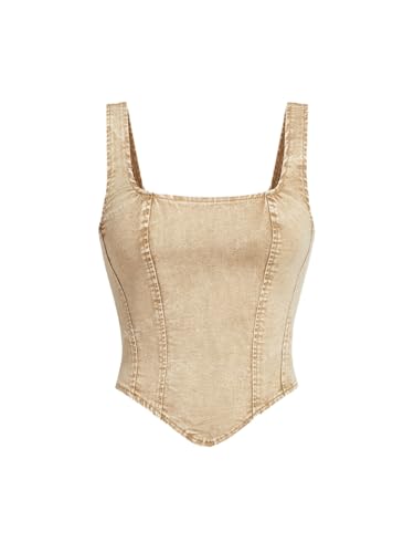 WDIRARA Women's Denim Corset Tank Top Crop Sleeveless Zip Up Back Tops