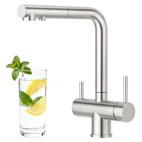 CREA Grifo de Cocina 3 Vías Ósmosis con Ducha Extraible,Grifo Monomando con 2 Palancas,360° Grifo De Cocina Para Filtro De Agua,Acero Inoxidable Cepillado