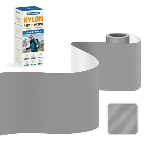 KING MOUNTAIN Self Adhesive Nylon Fabric Repair Tape, 4×63 Inches, Quick Down Jacket Repair Patch, Waterproof Outdoor Gear Patch Kit for Tent,Backpacks,Umbrella, Gloves, Sleeping Bag (Grey)
