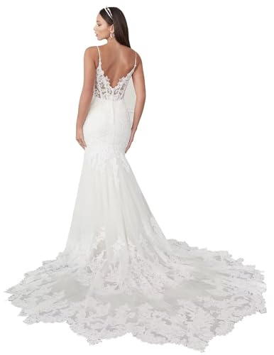 Tulle Beach Wedding Dresses Long Mermaid Lace Applique V Neck Spaghetti Strap Sleeveless Open Back Wedding Gowns for Bride Ivory 6