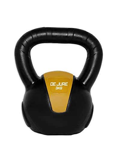 Image of De Jure Fitness PVC Kettlebell 3kg for Men & Women Strength & Cardio Training, Soft Grip, Crushed Concrete Filled, Full Body Workout Equipment for Home & Gym, Yellow Black
