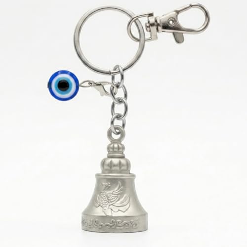 Image of OTTAVO Premium Guardian Bell Keychain for Bike & Car | Tibetan Texture Bell Keychain with Evil Eye & Silver Hook | Good Luck Charm with Laser-Engraved Wooden Gift Box