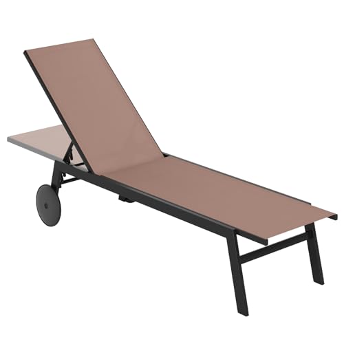 KOMFOTTEU Juego de 1/2 Tumbonas de Jardín con Ruedas, Silla Reclinable con Respaldo Ajustable en 6 Posiciones, Tumbona para Exterior de Tela con Marco de Metal, Carga 150 kg (Café x 1.)