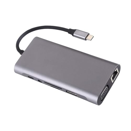 Adaptador USB C multipuerto con salida HDTV RJ45 Ethernet ranura para lector de tarjetas de memoria de 3,5 mm, estación de acoplamiento para PC, teléfono, USB C, estación de acoplamiento Gigabit