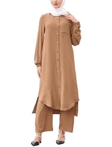 Image of IDOPIP Abaya Dress for Women Muslim Set Long Sleeve Chiffon Islamic Dress Shirt with Pants 2PCS Dubai Prayer Casual Clothes
