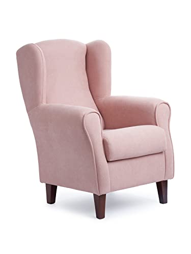 Sillonea - Sillón Orejero Roma, butaca pequeña para salón. Sillón de Lectura Individual, Ideal para Ver la TV/Leer. Medida: 100x74x77cm. Tapizado con Tela Antimanchas. (Rosa, Nogal)
