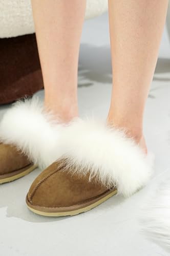 Image of Project Cloud Genuine Leather Slippers for Women with Genuine Fur Lining, Non-Slip Indoor /Outdoor Clog Mule Slippers, Memory Foam Insole