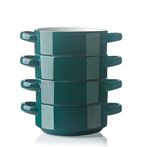 Image of Sweejar Ceramic Soup Bowls with Double Handles, 20 Oz Stacked Bowls for French Onion Soup, Cereal, Pot Pies, Stew, Chill, Pasta, Set of 4 (Jade)