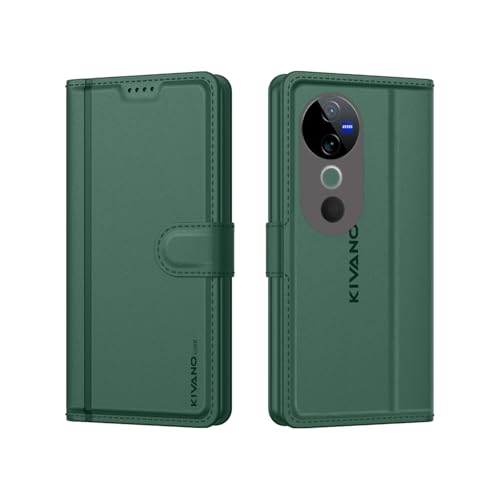 Image of KIVANO LUXE Compatible for Vivo T3 Ultra 5G / Vivo V40 5G / Vivo V40 Pro 5G Luxury Handmade Leather Magnetic Flip Folio Case | Card Holder & Kickstand | Slim Protective Cover | Unisex - Green