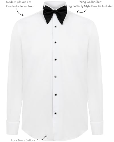Men's White Wing Collar Tuxedo Shirt with French Cuffs | Set Incl. Cufflinks & Black Bow Tie | Luxe Dress Shirts for Men3