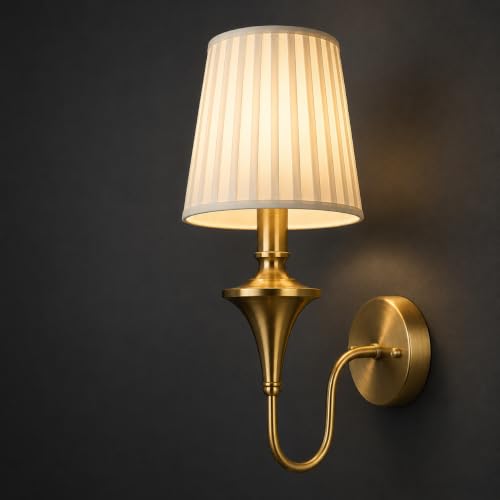 Image of Imperial Grace Vintage Gold Wall Lamp | Classic Cream Fabric Platted Shade | Wall Lamp with Metal Frame | Decorative Lighting Fixture for Living Room, Bedroom