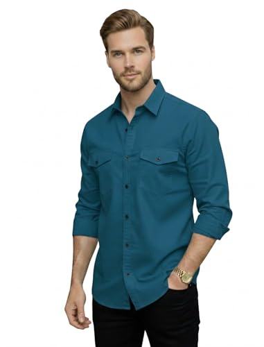Image of DEELMO Men's Classic Cotton Blend Slim Fit Shirt || Full Sleeve Button-Down Casual Shirt with Dual Flap Pockets || Soft Breathable Fabric || Ideal for Office Party and Everyday Wear