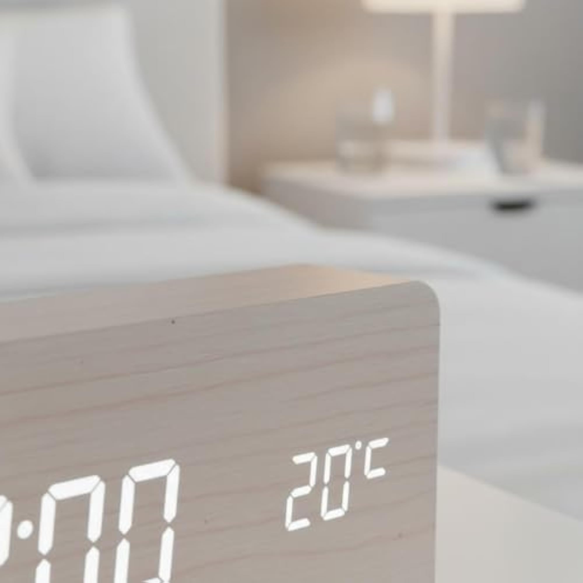 Adjustable Brightness Wooden Digital Alarm Clock, White