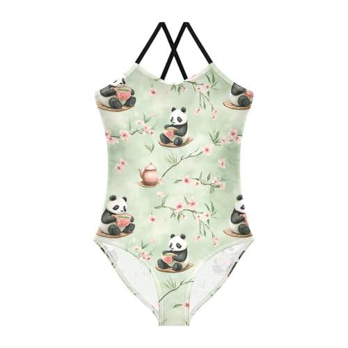 Girl's One Piece Swimsuit Panda Drinking Tea Beach Bathing Swimwear