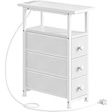 HOOBRO Nachttisch mit Ladestation, 1 Standardsteckdose, 2 USB-Anschlüsse, schmaler Beistelltisch, 3 Vliesstoff-Schubladen, offenes Fach, für Wohn-, Schlafzimmer, Weiß EWW482CBZ01