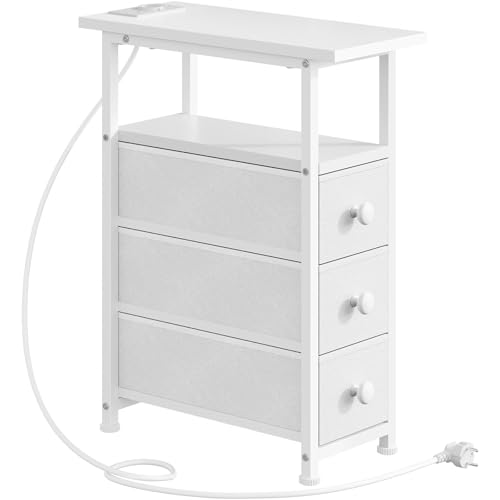 HOOBRO Tables de Chevet avec Multiprises, 1 Prise et 2 Ports USB, Tables d’Appoint avec 3 Tiroirs, Bouts de Canapé avec Rangement, Petit Espace, Salon,...