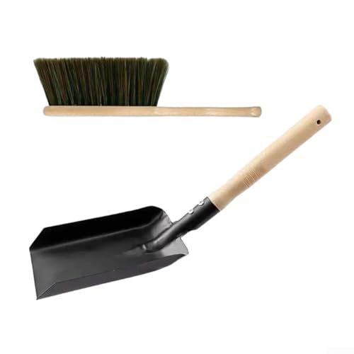 CYRENT Juego de pala y cepillo de carbón de metal fuerte, con raspador de cenizas de metal, cepillo y recogedor para mantenimiento de estufas de calefacción del hogar, color negro