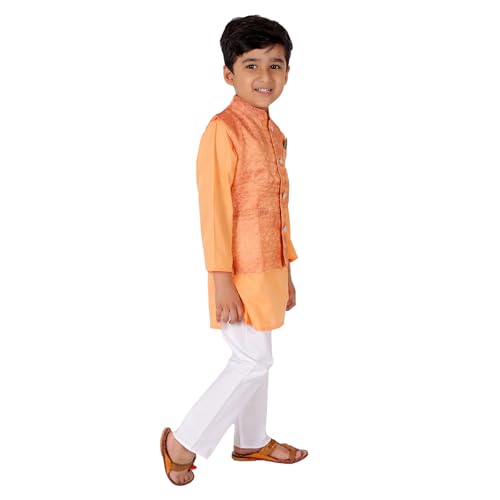 Image of Superminis Boy's Cottton Kurta Cotton Brocade Printed With Golden Thread Work Nehru Jacket and Elastic Closure Pyjama Set