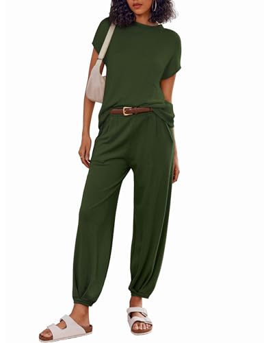 Image of Ekouaer Two Piece Outfits Lounge Sets for Women Sweater Sets Knit Short Sleeve Tops Jogger Pants Matching Tracksuit