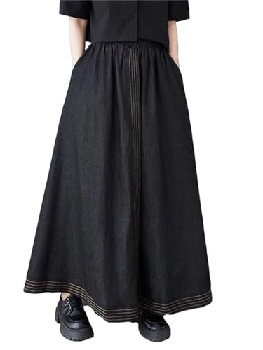 Women A-Line Patchwork Denim Skirt Loose Fit Solid Large Swing Casual Midi Jeans Skirts