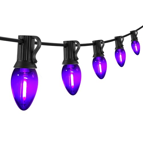 Image of 25FT C7 Purple LED String Lights, Black Wire Outdoor Halloween | IP44 Waterproof & Shatterproof, End-to-End Connectable, Perfect for Patio, Porch, Railing, Party or Holiday Decor