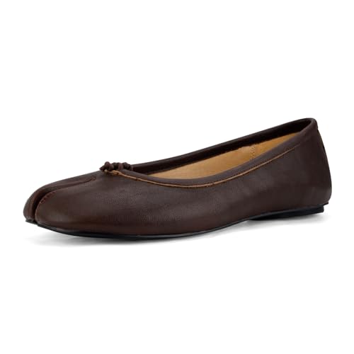 VBDB Tabi Ballerines Plates pour Femme Bout Rond Large Largeur Bout Fendu Talon Bas Chaussures Plates Confortables, Marron foncé, 38 EU