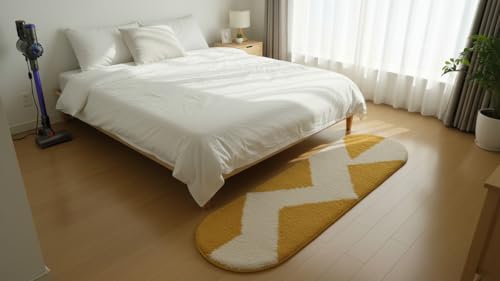 Image of Fluffy Silky Micro Fiber Polyster Carpet /Runner for Bedroom, Study Room, Playing Room, Guest Room ETC. 2x5 Feet, (Yellow and Ivory Chevron Pattern)