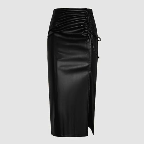 Women's High Waist Faux Leather Pencil Skirts Casual Asymmetrical Side Slit Work Going Out Bodycon Midi Skirt4